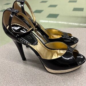 Aldo Black and Gold Peep-Toe Heels, Sz 5.5
